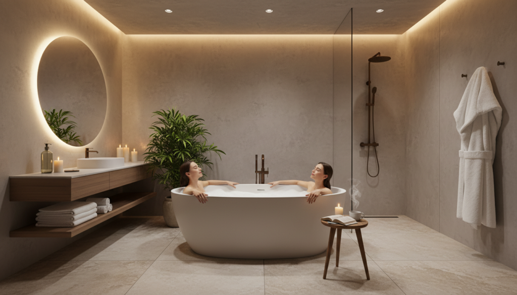 Person enjoying a luxurious bathroom experience with a warm towel, representing the comfort provided by Ancona towel warmers