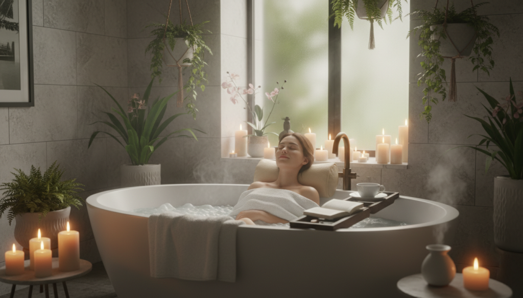 Person enjoying a spa-like bathroom experience with a warm towel