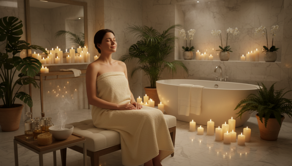 Person enjoying a spa-like bathroom experience with a warm towel from a large towel warmer Person enjoying a spa-like bathroom experience with a warm towel from a large towel warmer