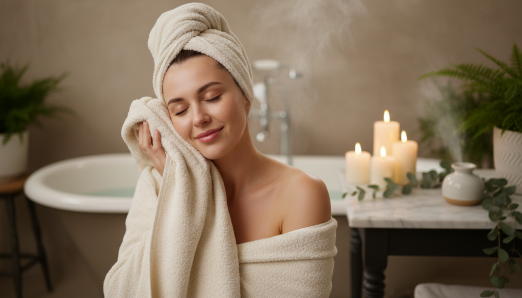 Person enjoying a spa-like bathroom experience with a warm towel from a towel warmer