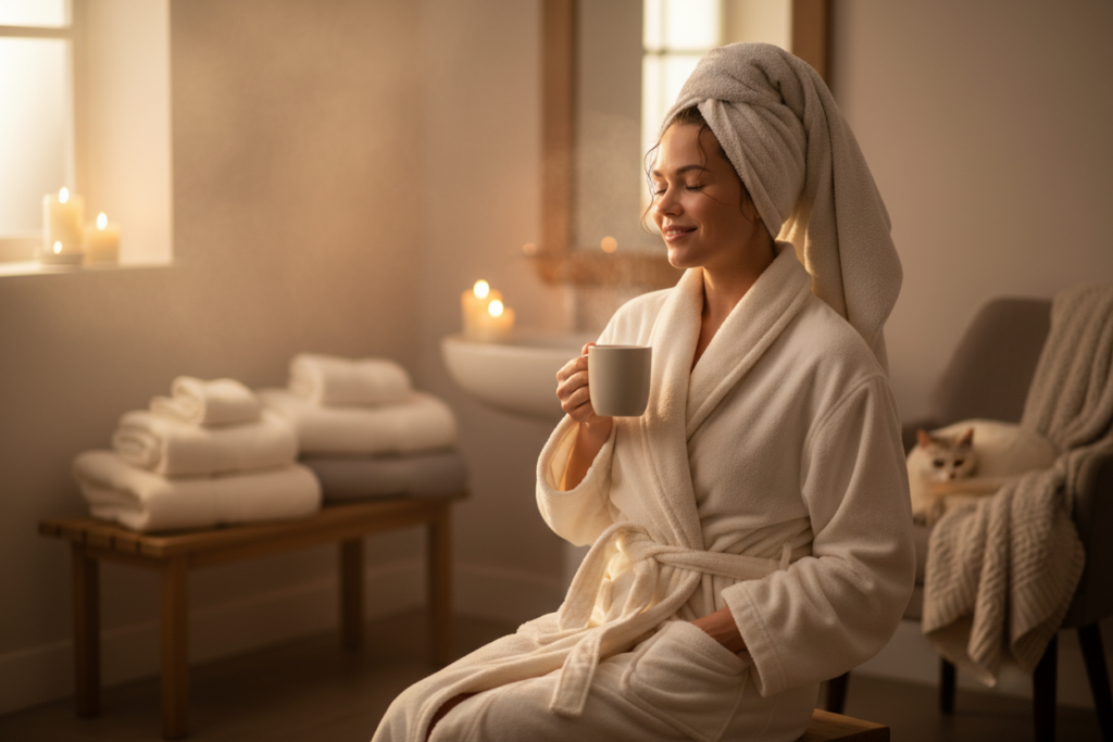 Person enjoying a warm bathrobe from a towel warmer after shower