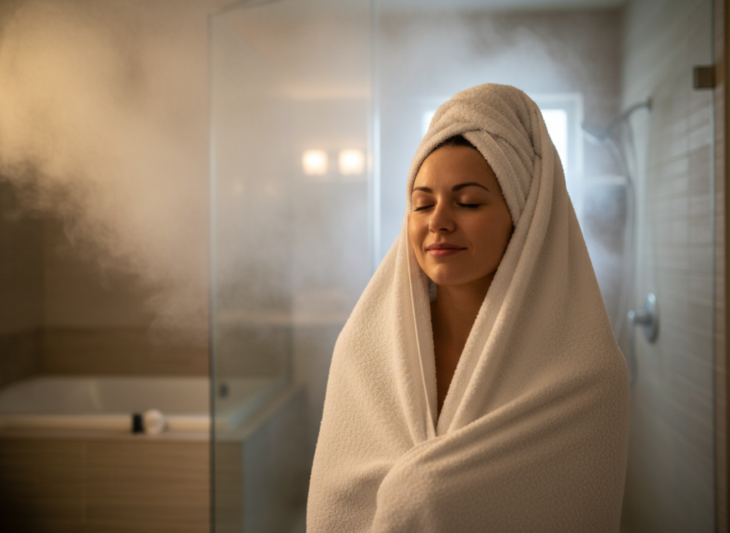 Person enjoying a warm towel after shower