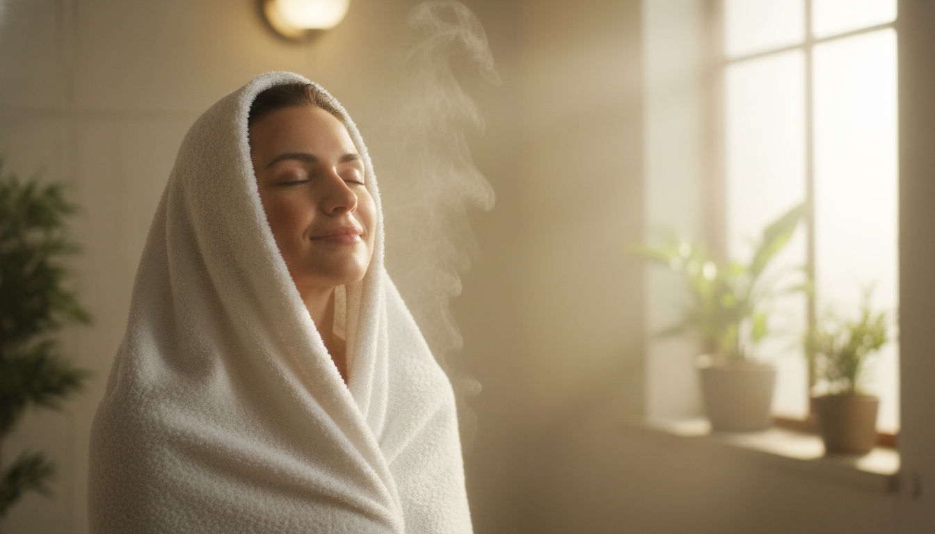 Person enjoying a warm towel after shower demonstrating how to heat towels for maximum comfort