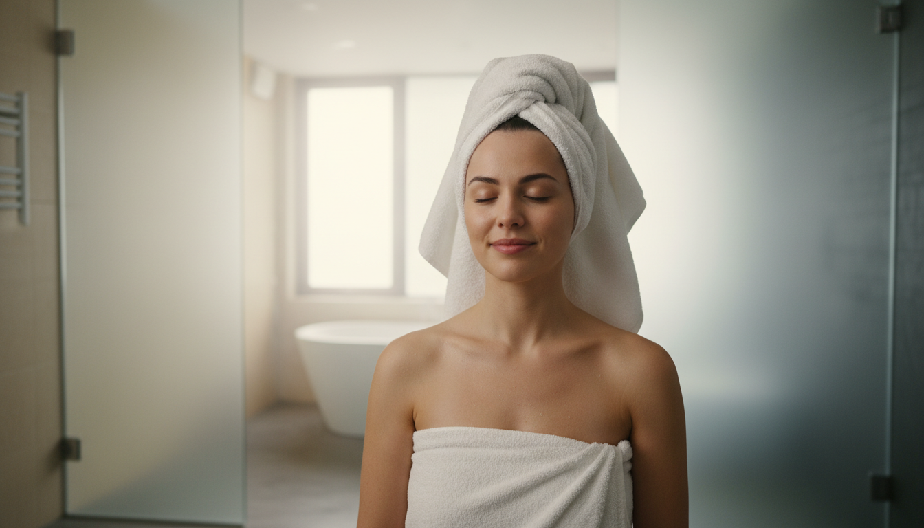 Person enjoying a warm towel after shower, demonstrating the comfort a best home towel warmer provides