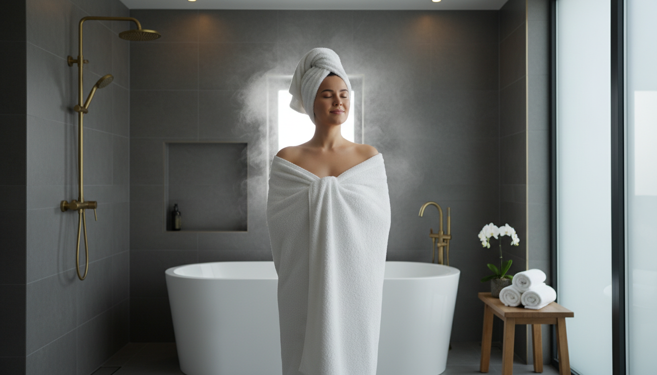 Person enjoying a warm towel after shower, demonstrating the comfort of using the best towel warmer 2026