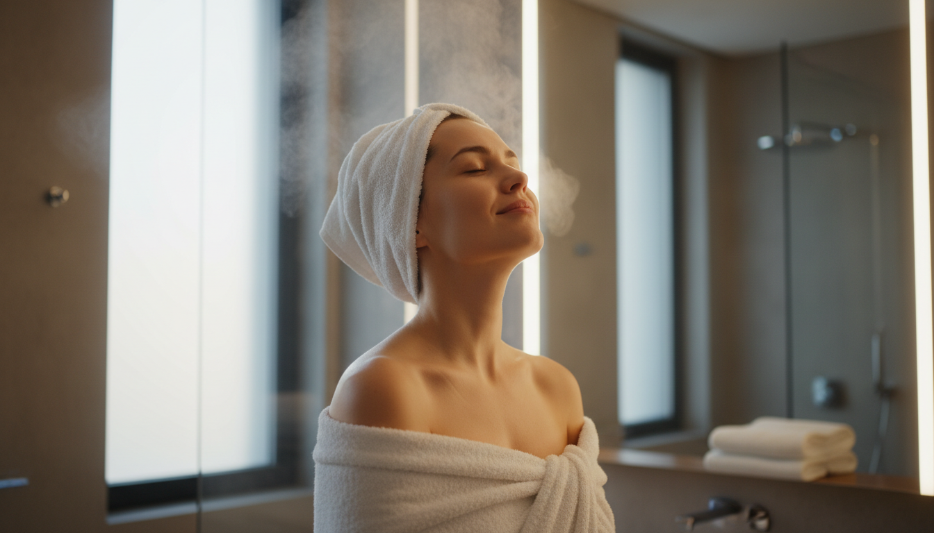 Person enjoying a warm towel after shower, demonstrating the comfort provided by a bucket towel warmer