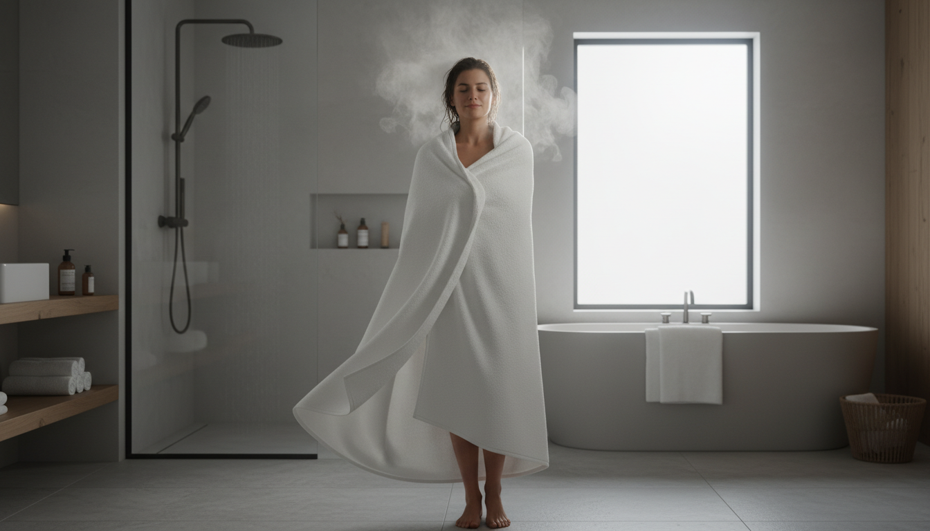 Person enjoying a warm towel after shower, demonstrating the comfort provided by a vevor towel warmer