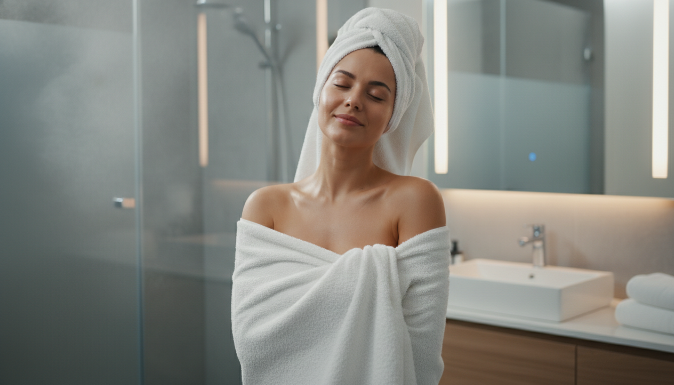 Person enjoying a warm towel after shower, demonstrating the comfort provided by an ANZZI towel warmer