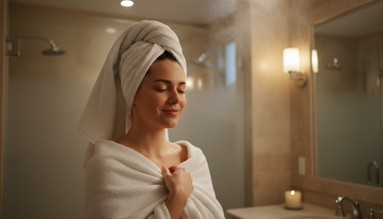 Person enjoying a warm towel after shower, demonstrating the comfort provided by the best towel warmer with timer