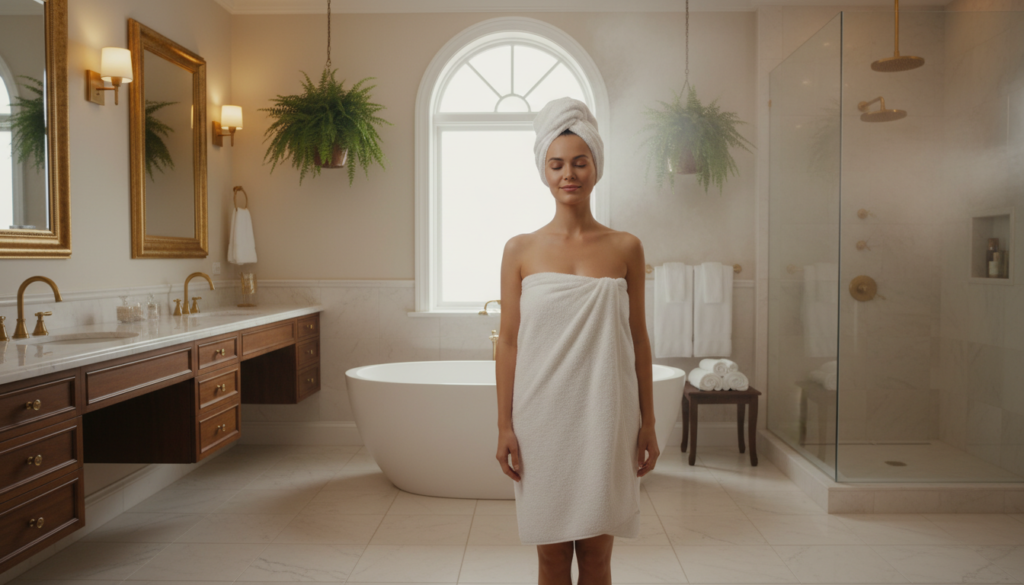 Person enjoying a warm towel after shower in a luxury bathroom