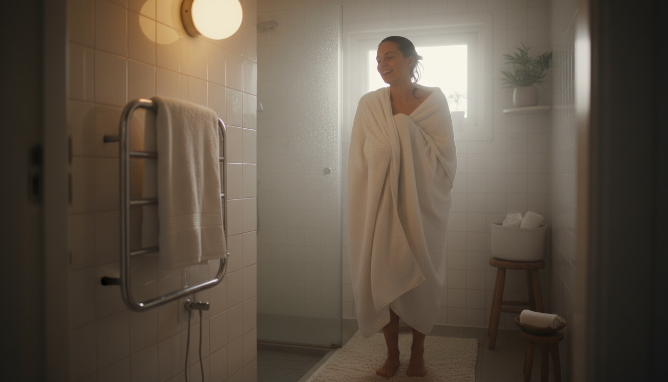 Person enjoying a warm towel after shower in a small bathroom with a compact towel warmer