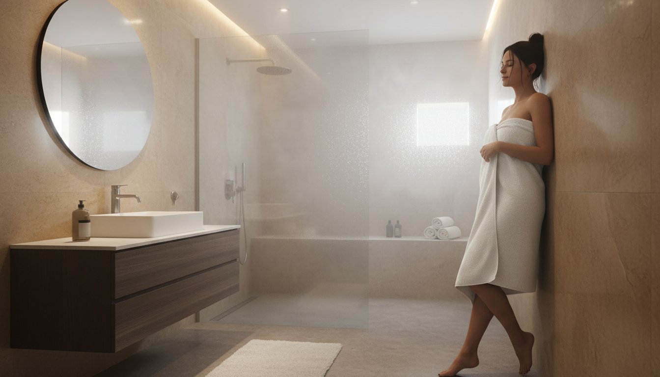 Person enjoying a warm towel after shower in a steamy bathroom