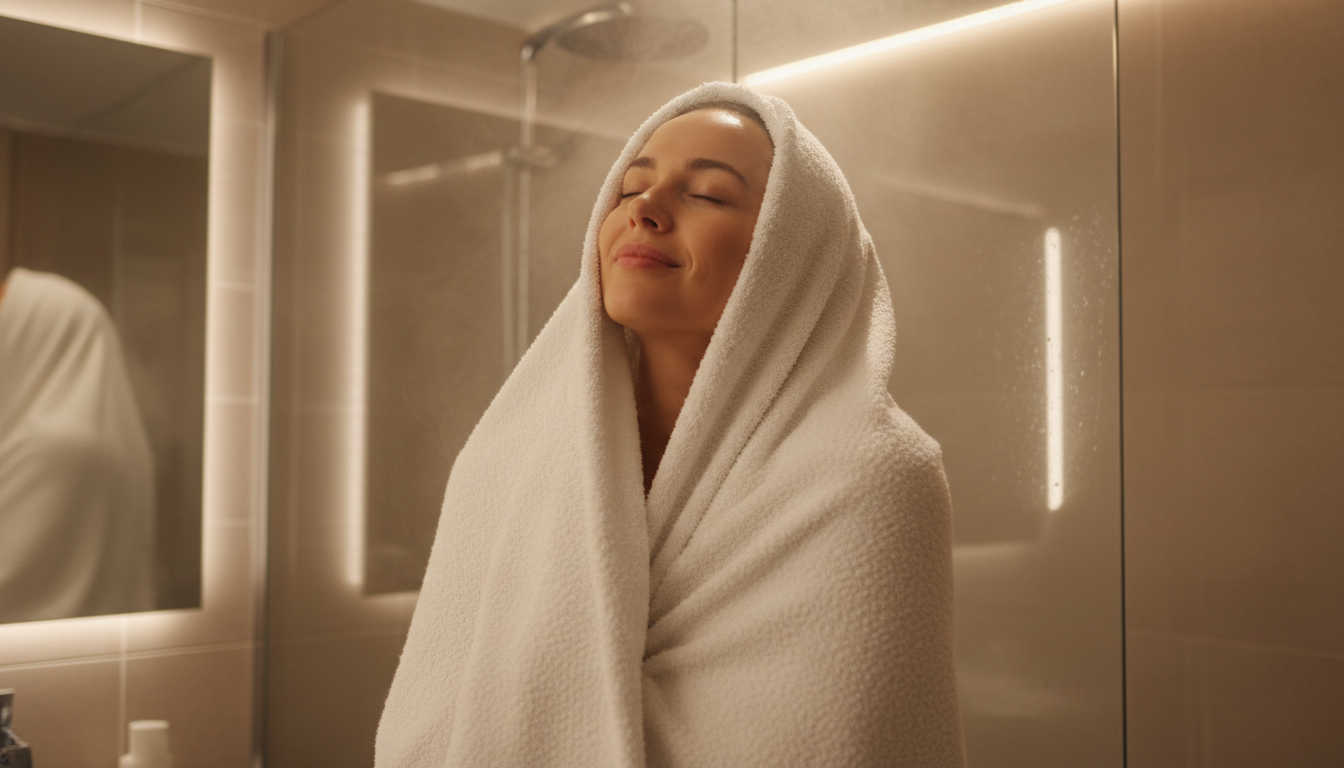 Person enjoying a warm towel after shower in a steamy bathroom
