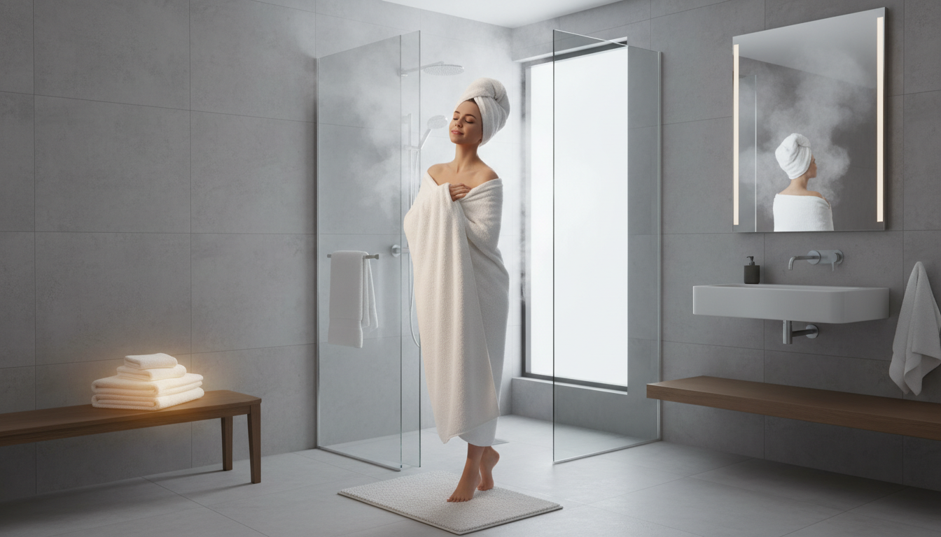 Person enjoying a warm towel after shower, showing the comfort of using the best heated towel rail