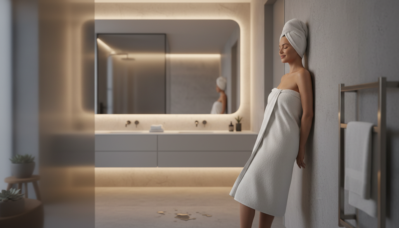 Person enjoying a warm towel after shower with SereneLife towel warmer in background