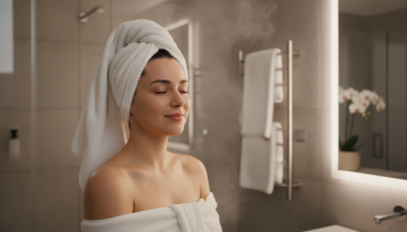 Person enjoying a warm towel after shower with a Keenray towel warmer nearby