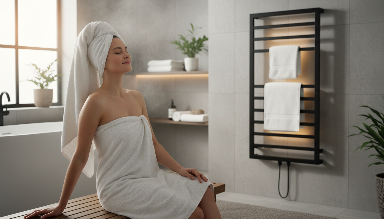 Person enjoying a warm towel after shower with a black towel warmer in the background