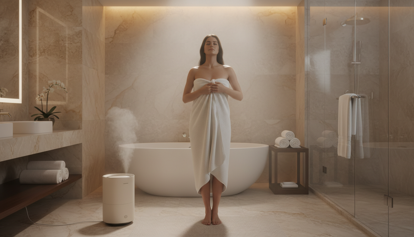 Person enjoying a warm towel after shower with a portable towel warmer nearby