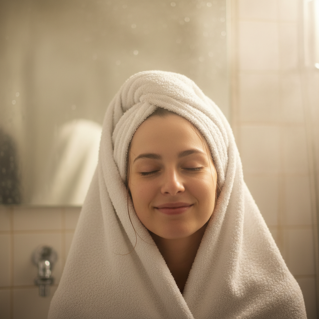 Person enjoying a warm towel after shower