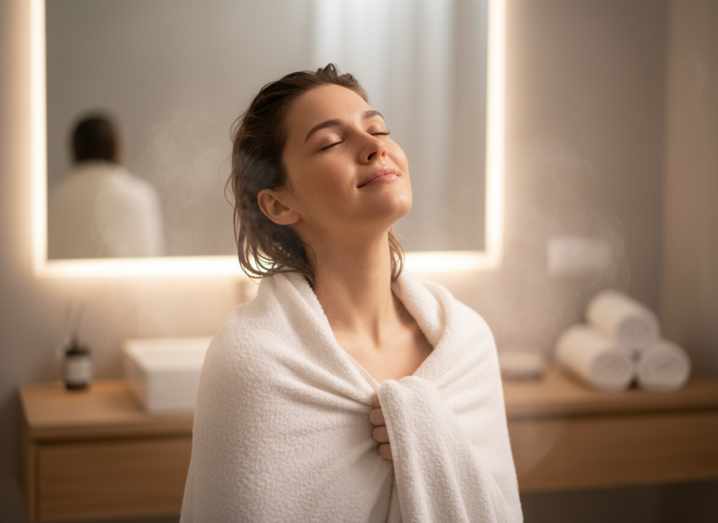 Person enjoying a warm towel from WarmlyYours Riviera warmer Person enjoying a warm towel from WarmlyYours Riviera warmer