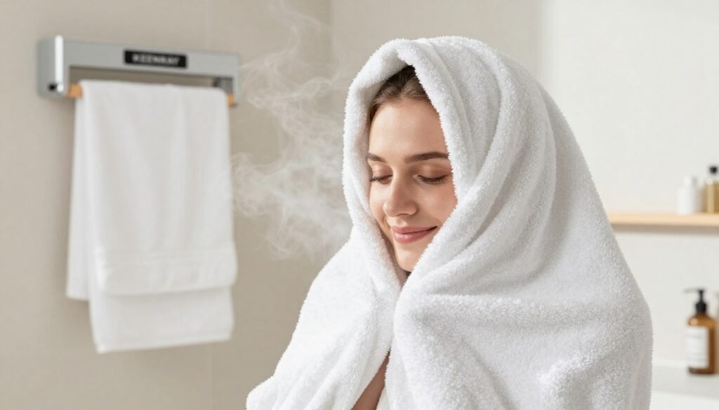 Person enjoying a warm towel from a Keenray towel warmer