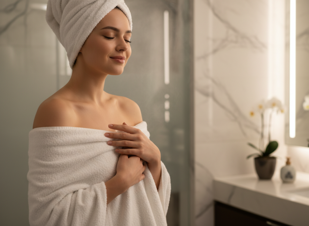 Person enjoying a warm towel from a brass towel warmer