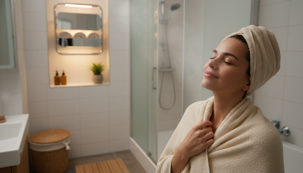 Person enjoying a warm towel from a compact towel warmer in a small bathroom