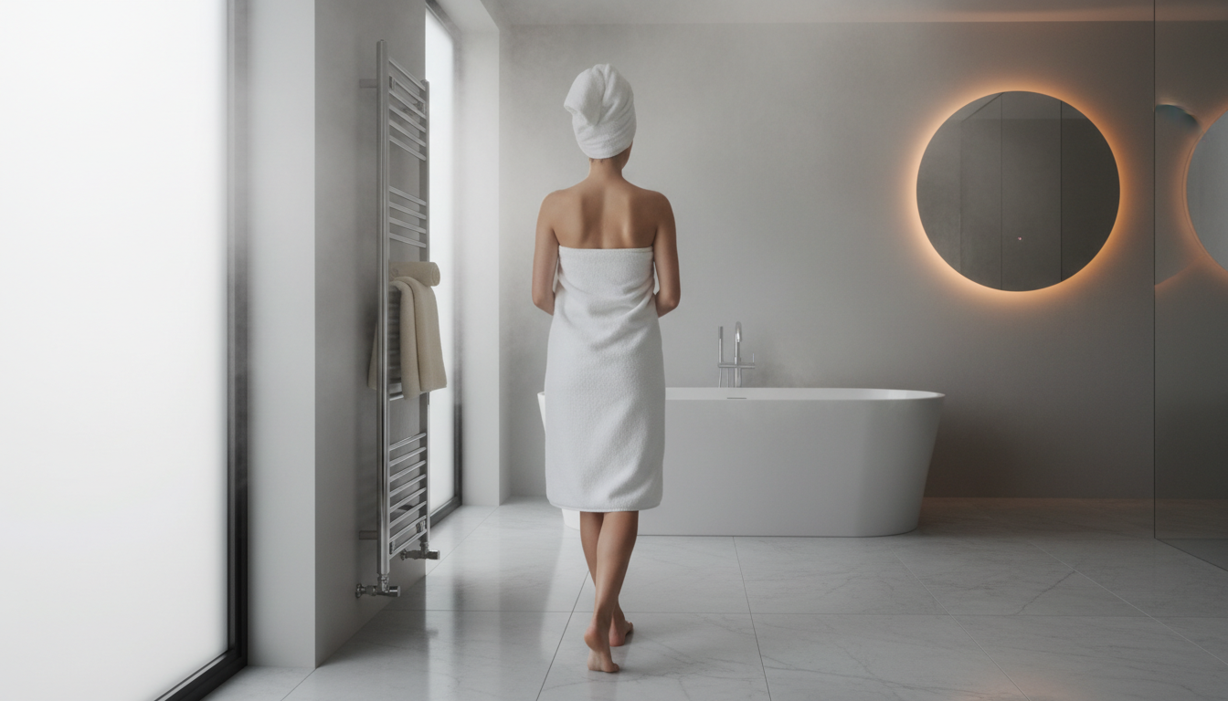 Person enjoying a warm towel from a vertical towel warmer in a modern bathroom