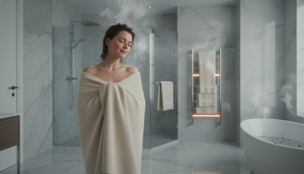Person enjoying a warm towel from the best heated towel rail