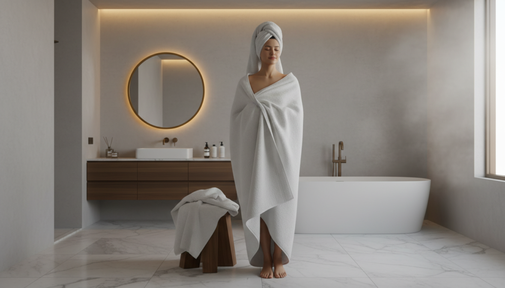 Person enjoying a warm towel in a stylish bathroom, representing the pursonic towel warmer reviews Person enjoying a warm towel in a stylish bathroom, representing the pursonic towel warmer reviews