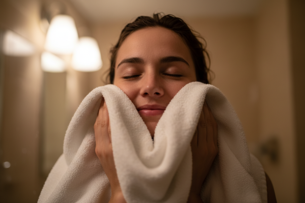 Person enjoying a warm towel with visible comfort