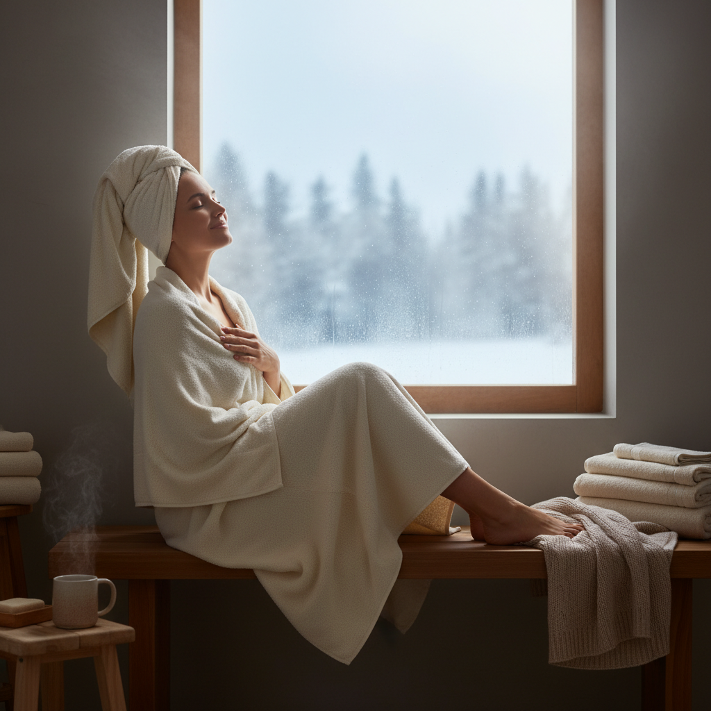 Person enjoying comfort of warm towel in winter