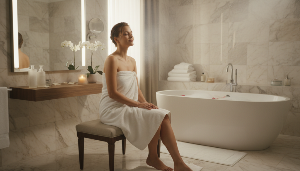 Person enjoying luxurious bathroom experience with zadro towel warmer