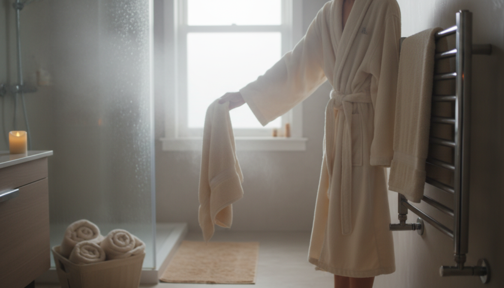 Person enjoying multiple uses of a heated towel rail