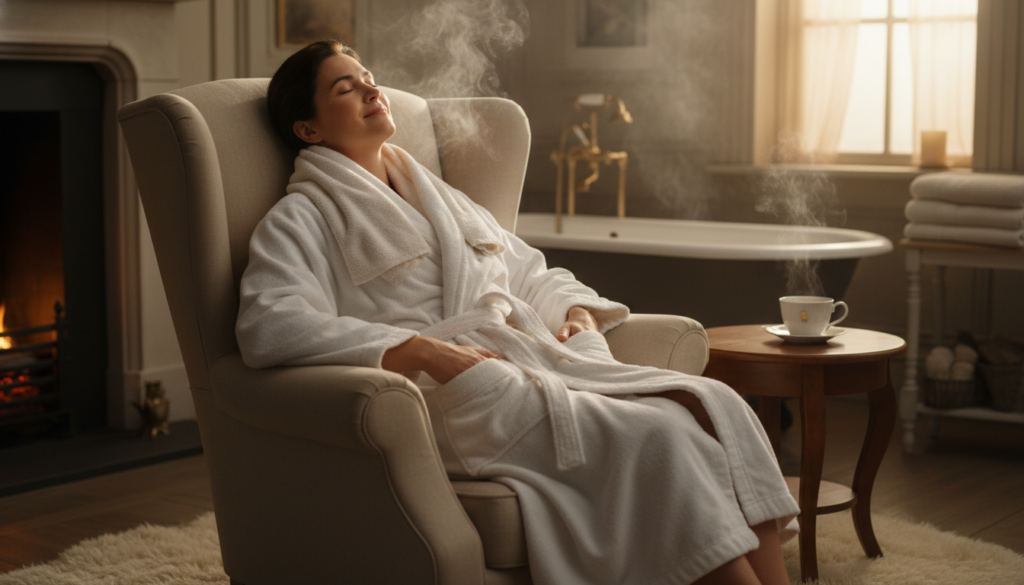 Person enjoying the comfort of a warm bathrobe heated on a towel warmer Person enjoying the comfort of a warm bathrobe heated on a towel warmer