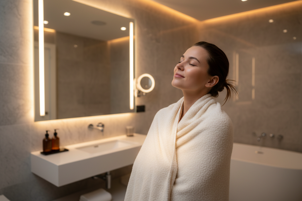 Person enjoying the comfort of a warm towel from SereneLife portable warmer