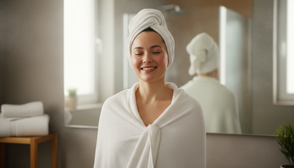 Person enjoying warm towel after shower with steam visible Person enjoying warm towel after shower with steam visible