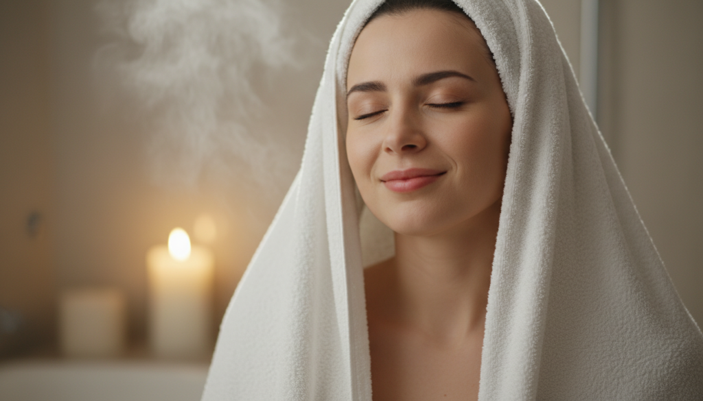 Person enjoying warm towel with visible satisfaction