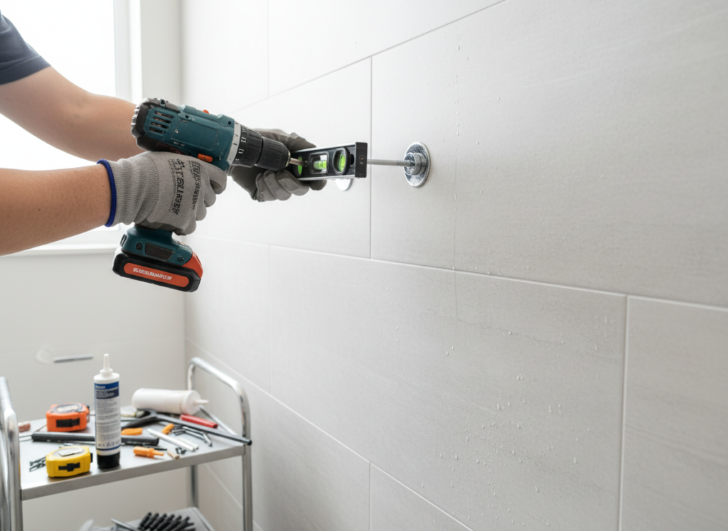 Person installing a towel warmer on bathroom wall showing the ease of installation
