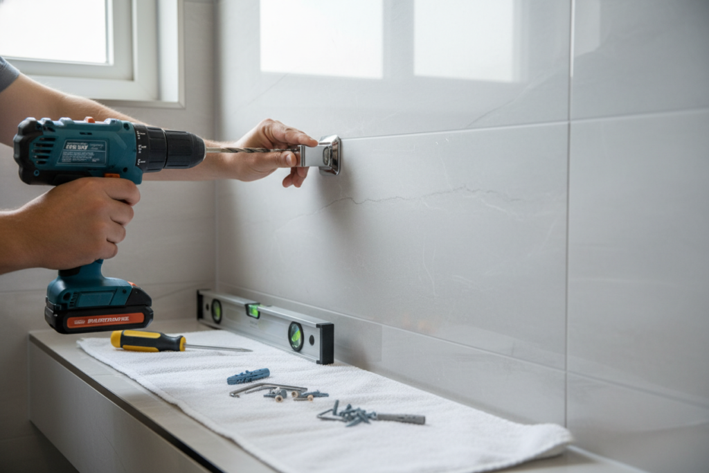 Person installing a towel warmer with tools laid out showing the installation process
