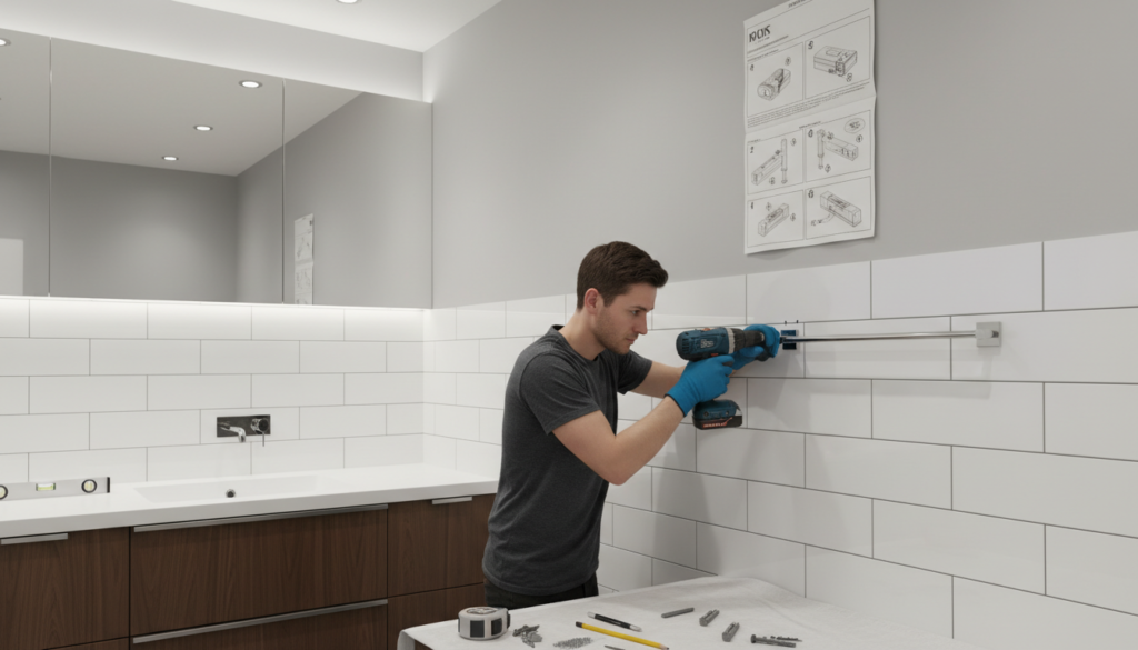 Person installing a wall-mounted fixture, representing the installation process for an Ancona towel warmer