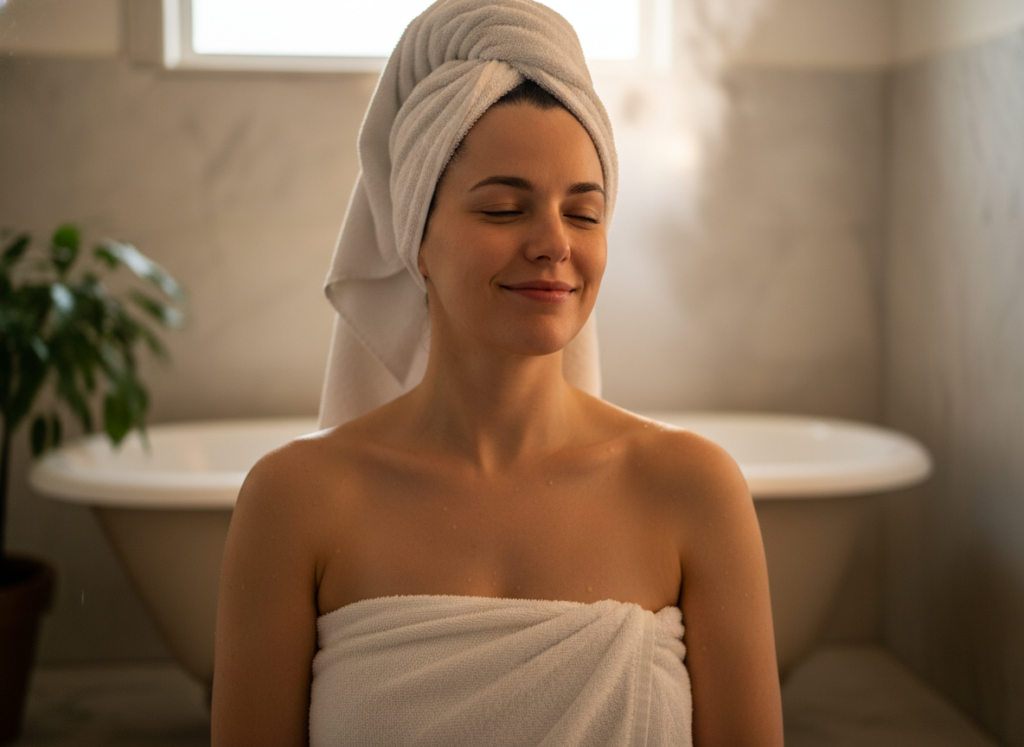 Person looking satisfied after using warm towel in bathroom