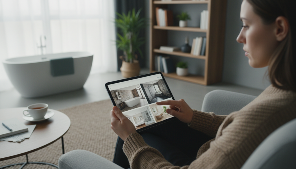 Person looking thoughtful while considering bathroom upgrades