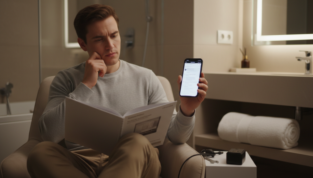 Person reading instruction manual for a new towel warmer with timer