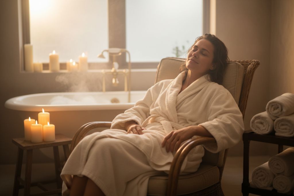 Person relaxing in a bathrobe after using warm towels from a pursonic towel warmer Person relaxing in a bathrobe after using warm towels from a pursonic towel warmer