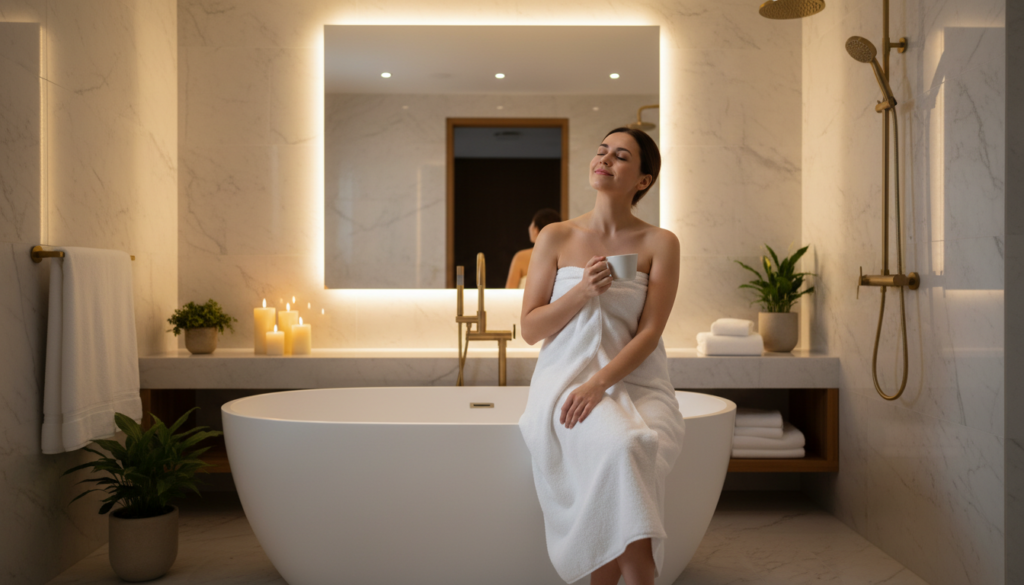 Person relaxing in a luxurious bathroom with a content expression showing the comfort a towel warmer provides