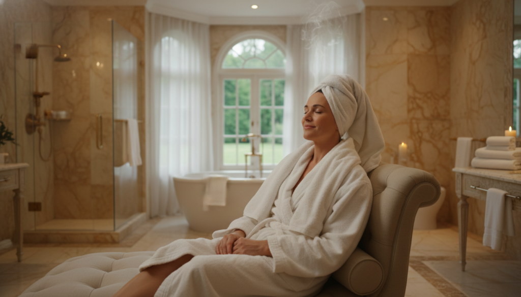 Person relaxing in a luxurious bathroom with a sense of comfort that comes from having an Artos towel warmer Person relaxing in a luxurious bathroom with a sense of comfort that comes from having an Artos towel warmer