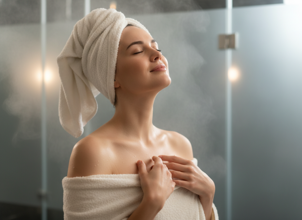 Person relaxing with warm towel after shower Person relaxing with warm towel after shower