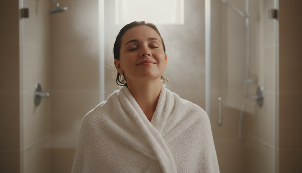 Person relaxing with warm towel showing satisfaction with product