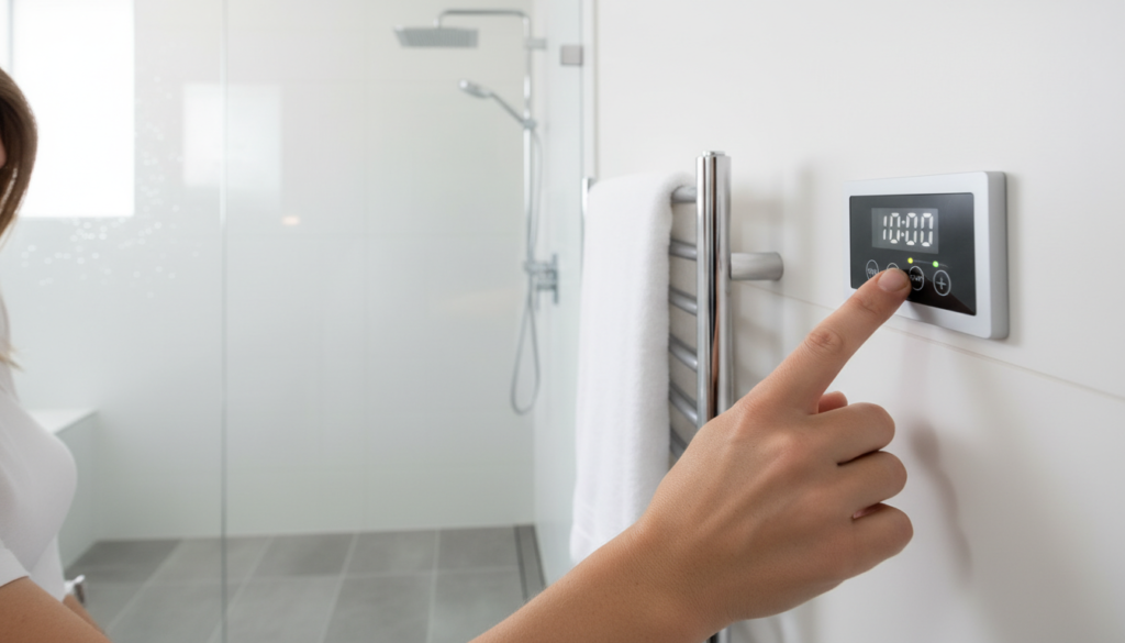 Person setting a timer on a device before entering shower